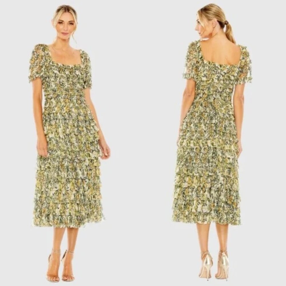 Mac Duggal Green Yellow Floral Short Sleeve Micro Ruffle Tea Length 10 8232